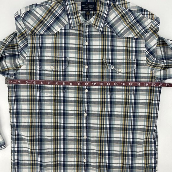Mens Lucky Brand Saturday Stretch Long Sleeve Pearl Snap Shirt Blue Plaid L - Picture 8 of 9